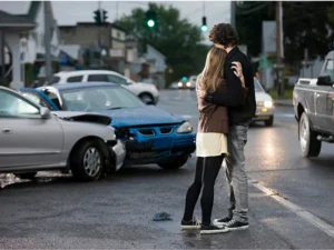 couple embrace with smashed cars in background