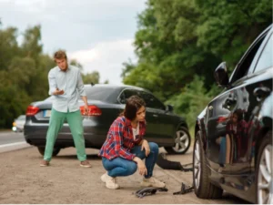 couple inspect damage after car accident
