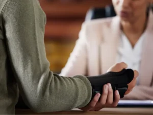 man with wrist injury speaking to solicitor