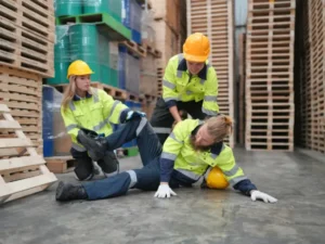 man in workplace accident on warehouse floor after fall with 2 colleagues helping